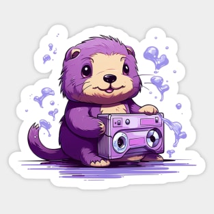 Cute sea otter listen music on the Purple tape cassette Sticker